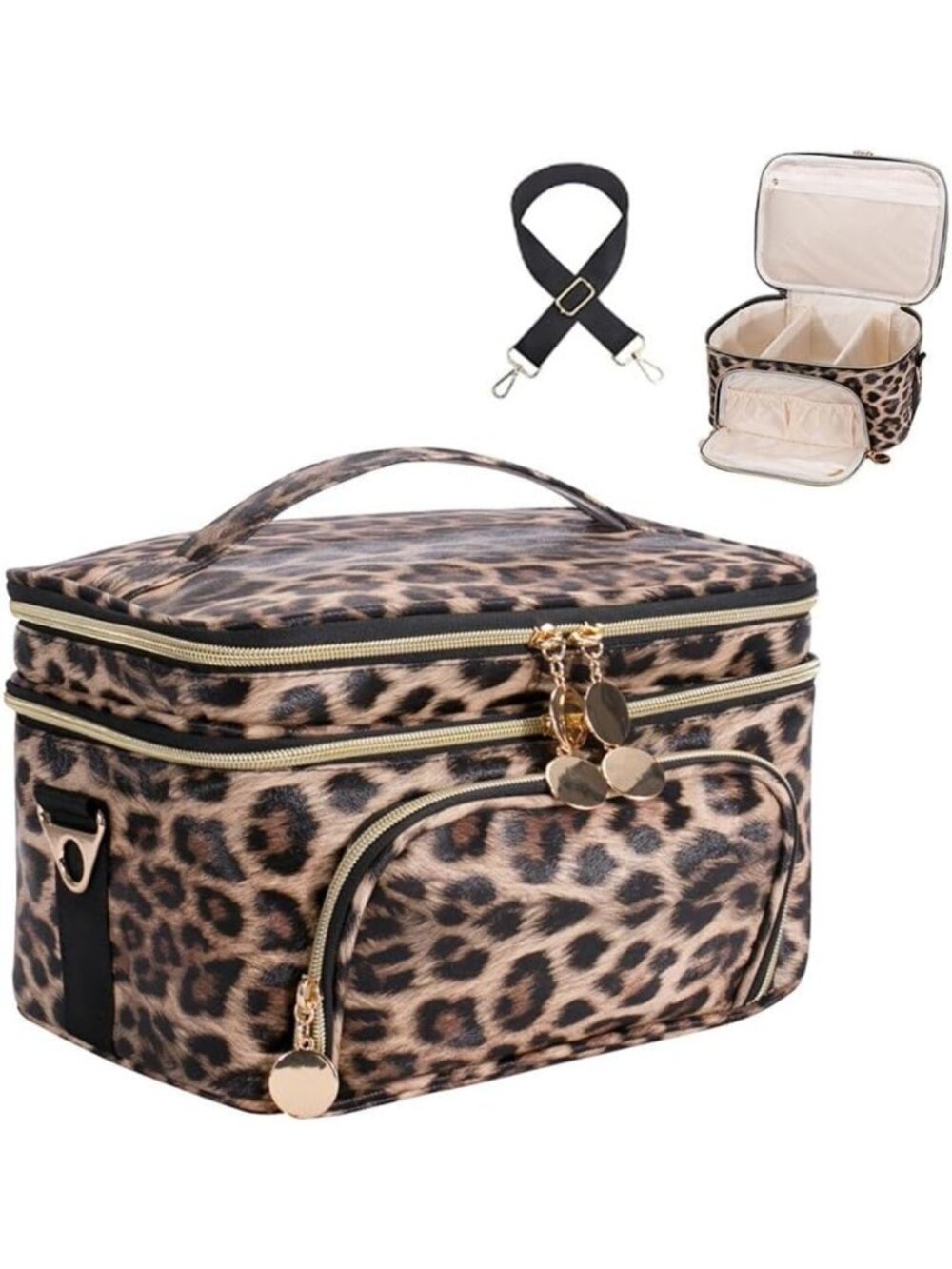 Extra Large Double Layer Leopard Makeup Bag | Waterproof Cosmetic Organizer with